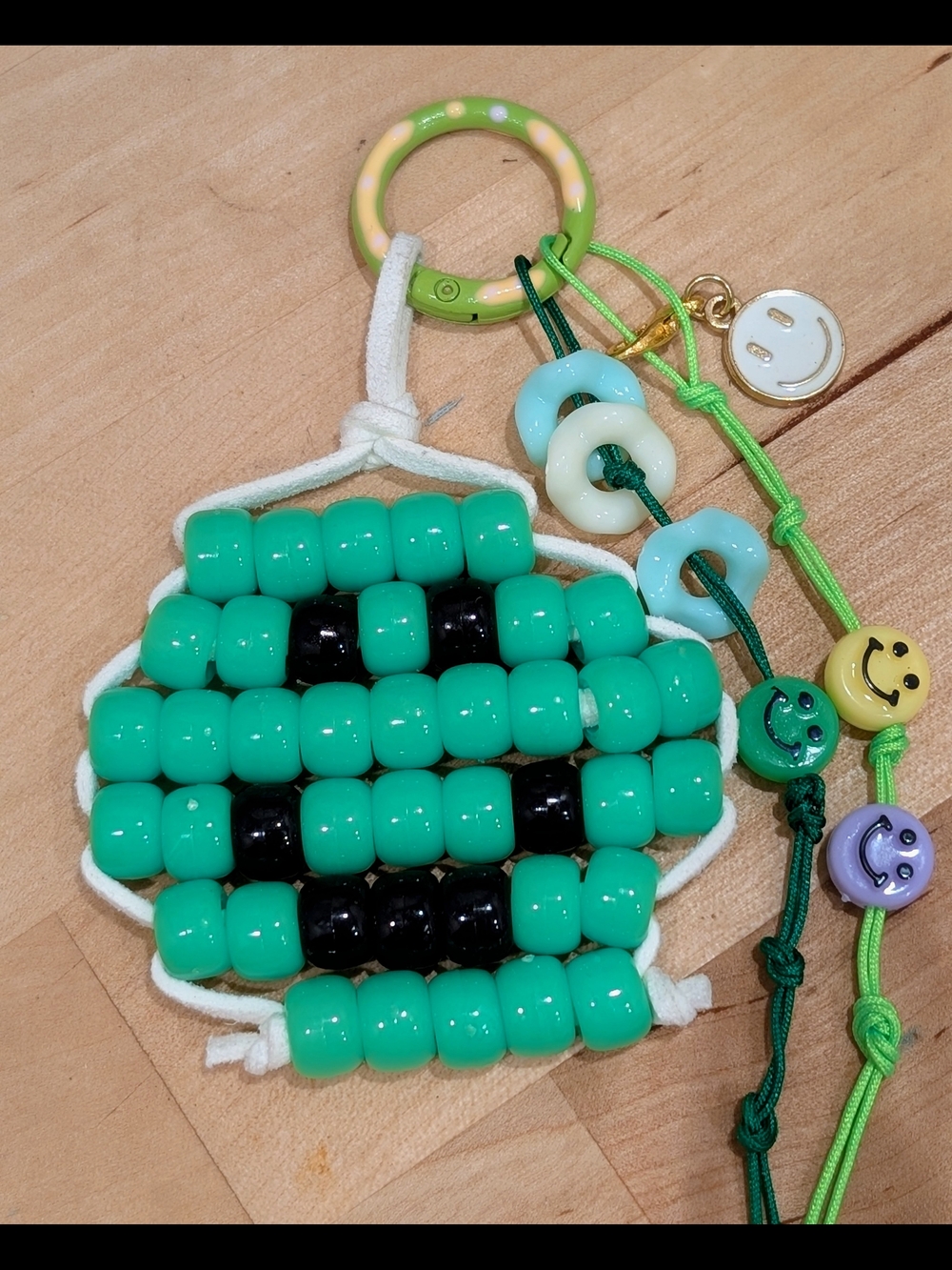 Green Beaded Smile Keychain with Accent Charms
